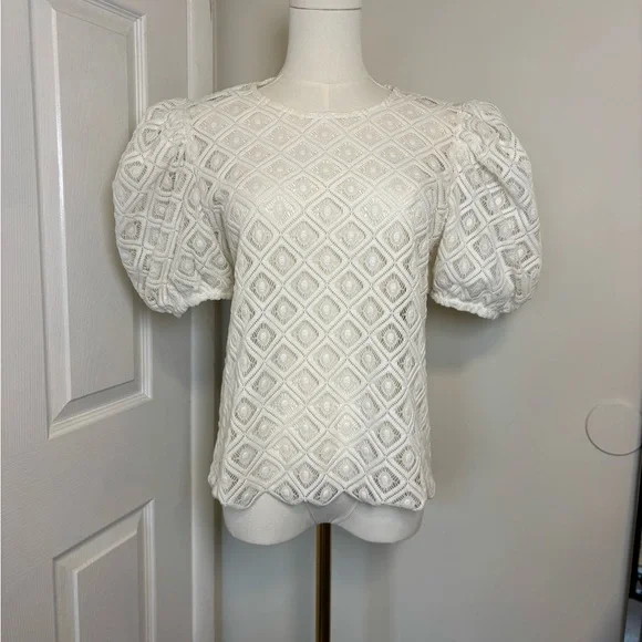 Express Puff Sleeve Cream Crochet Eyelet Blouse - Medium - Picture 3 of 6